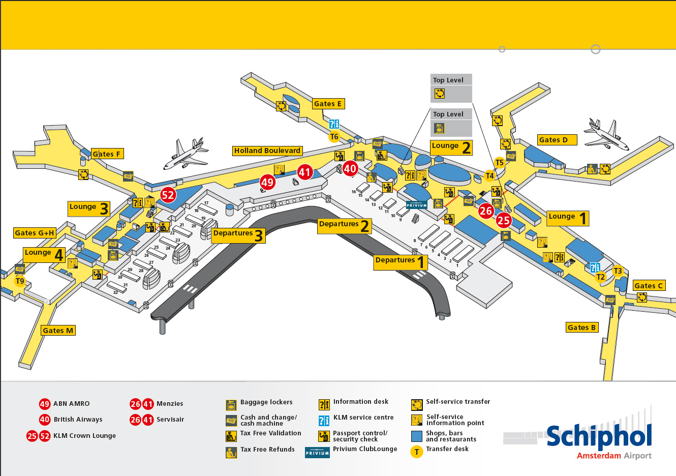Bekijk hier de plattegrond van Schiphol Airport Amsterdam